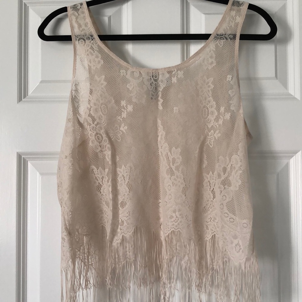 Sheer crop top with fringe